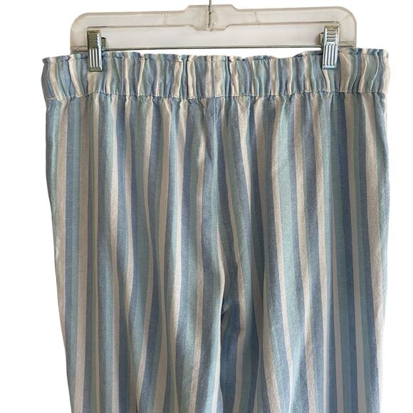Linen Blend M Striped Pants Blue Pull-On Elastic Waist Pockets Boho Beachy - Picture 11 of 12